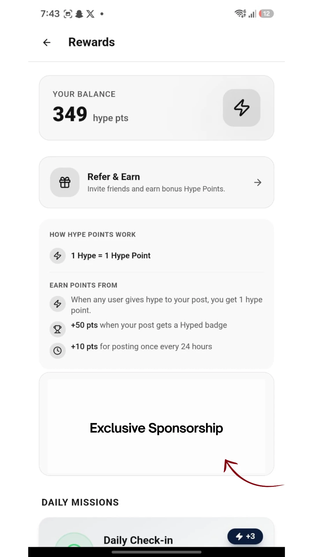 HYPE app Rewards screen showing a sponsorship banner between reward sections