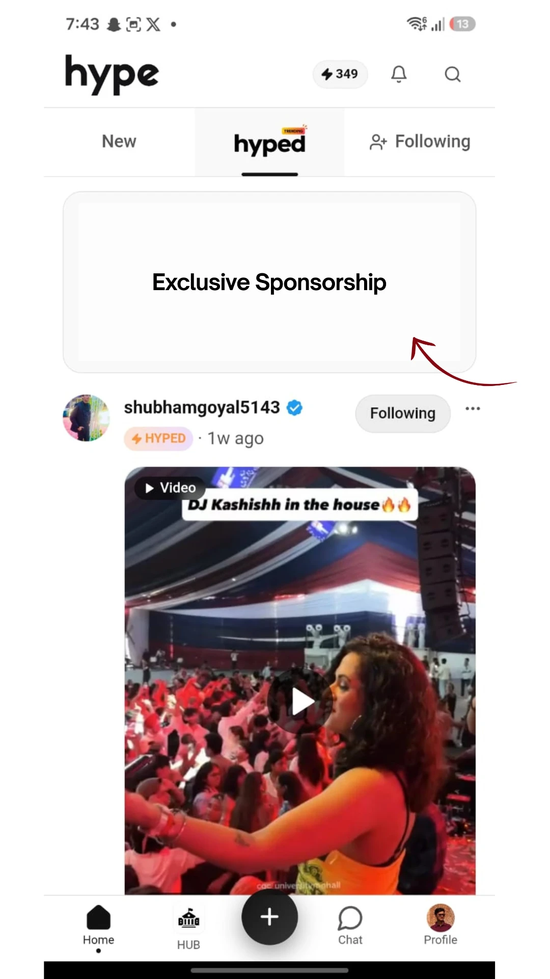 HYPE app Hyped feed showing an Exclusive Sponsorship banner at the top