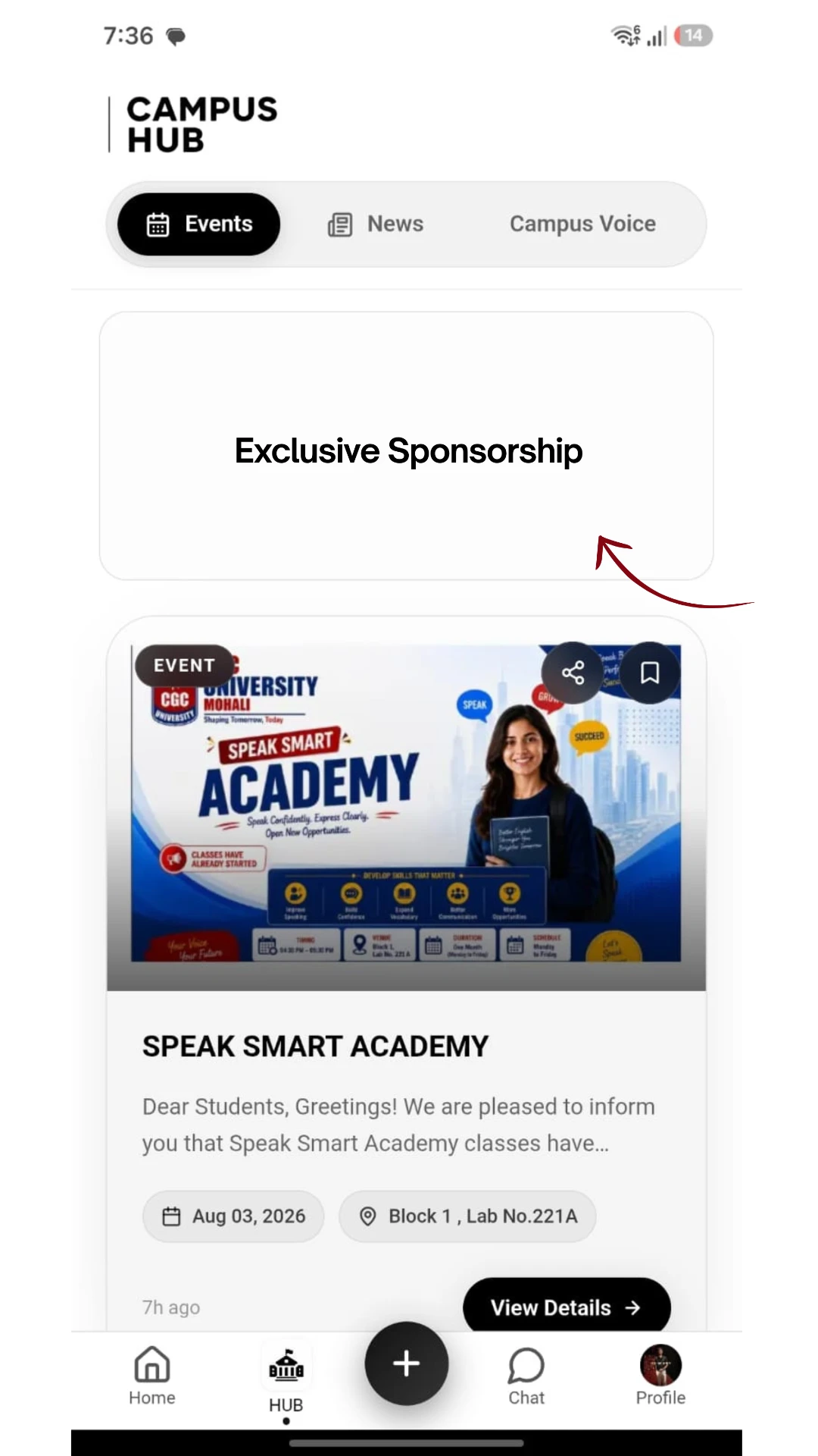 HYPE app Campus Hub showing a sponsorship banner above event listings